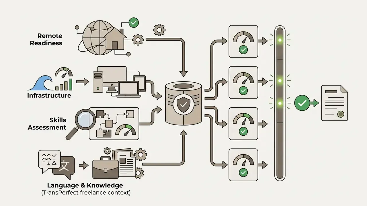 Icons for remote readiness and skills feeding into a central hub to reach status gauges and a final document