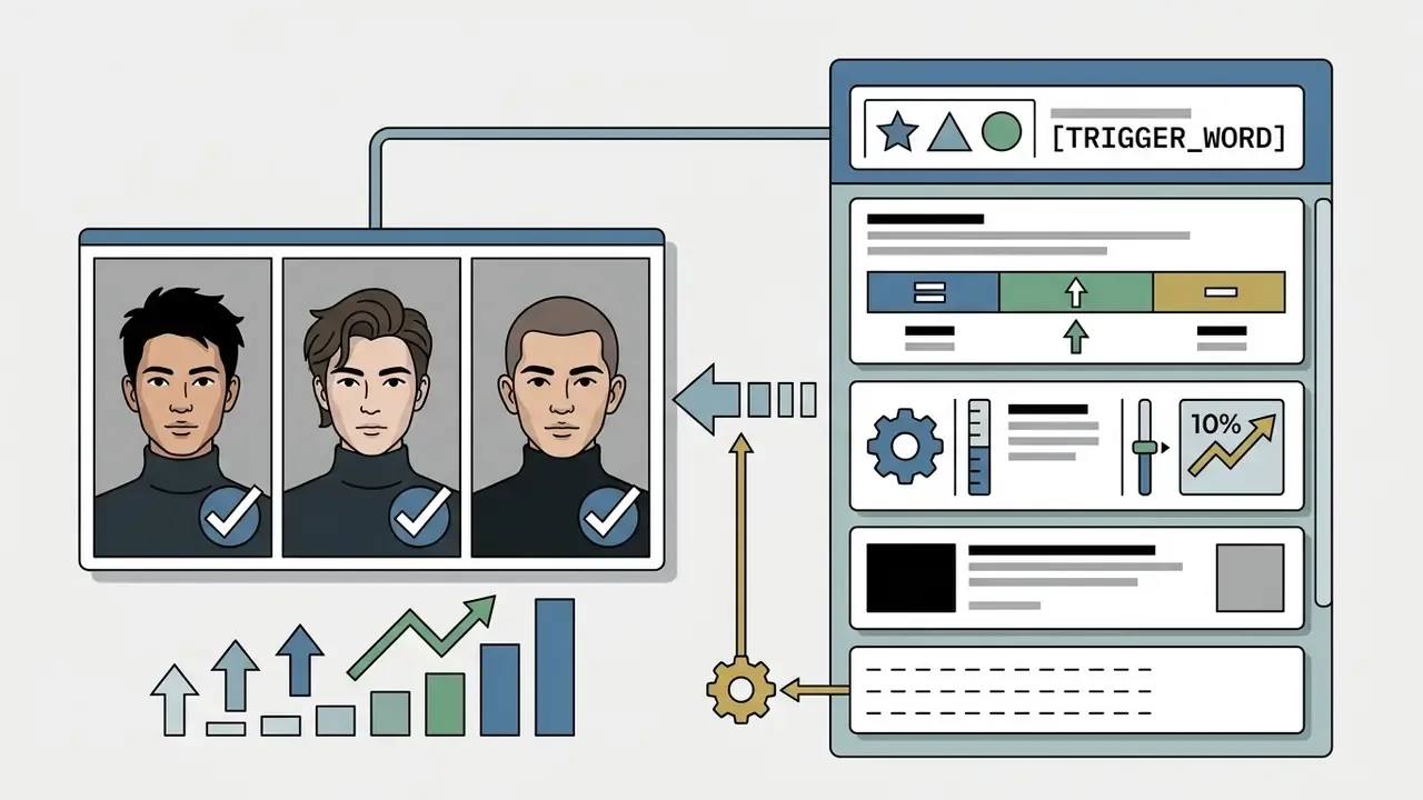 Three portraits with checkmarks linked to a control panel with gear icons and data growth metrics