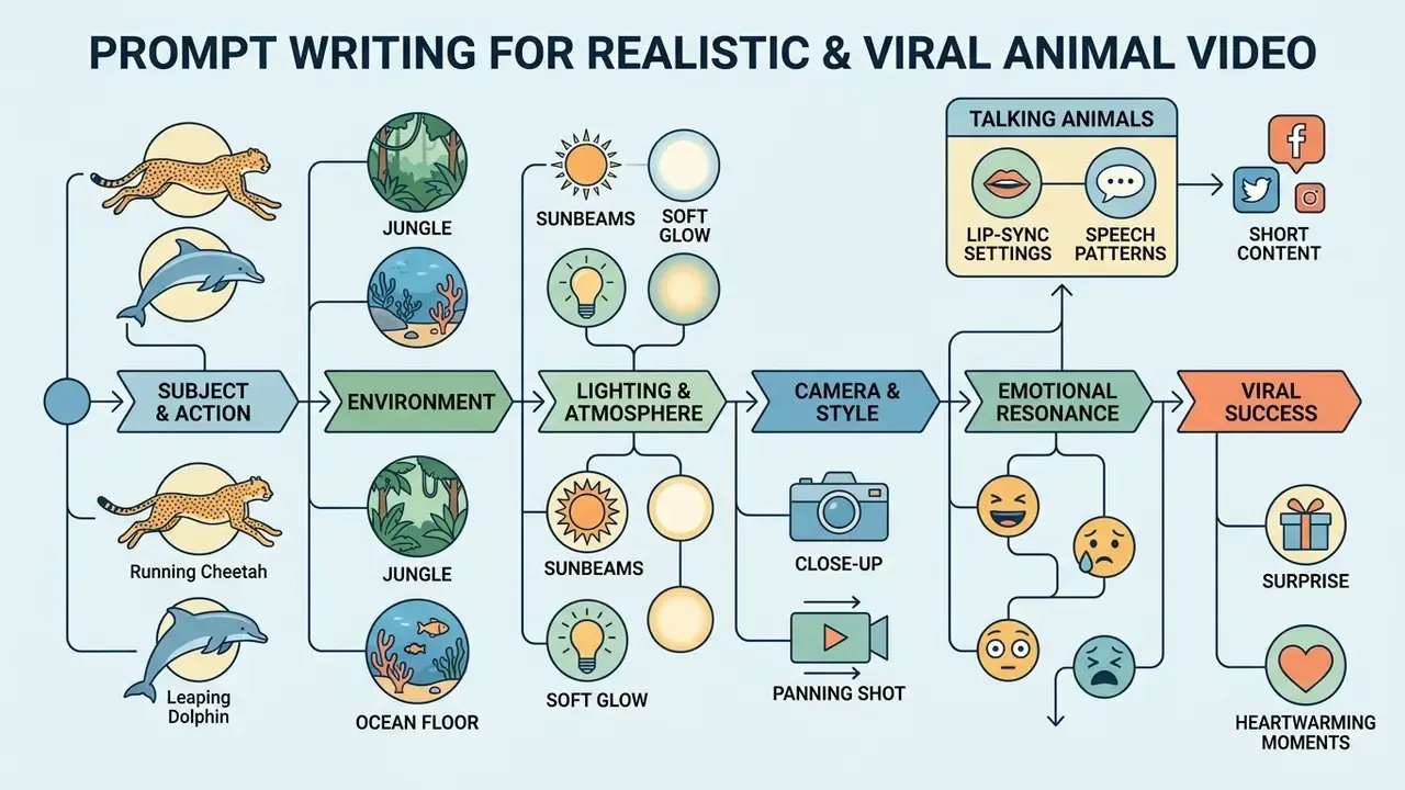 Diagram detailing prompt components for synthetic media including subject, environment, and viral goals