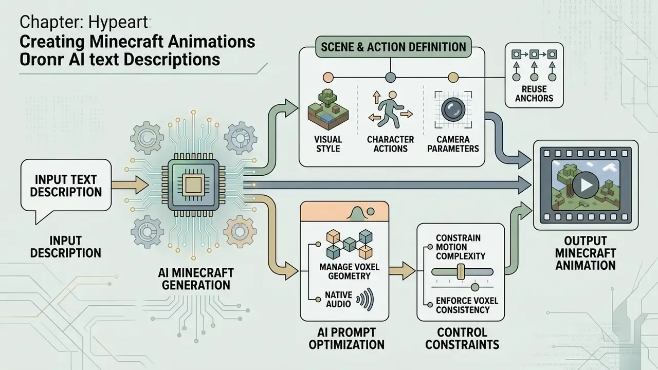 Diagram showing how text prompts guide AI to generate voxel scenes, character actions, and video output