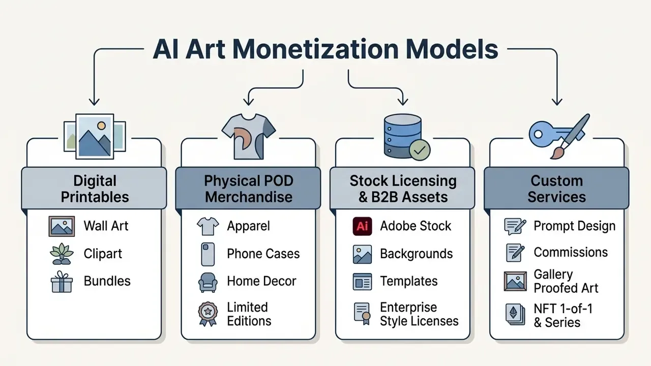 Diagram showing four distinct business models for selling AI generated artwork