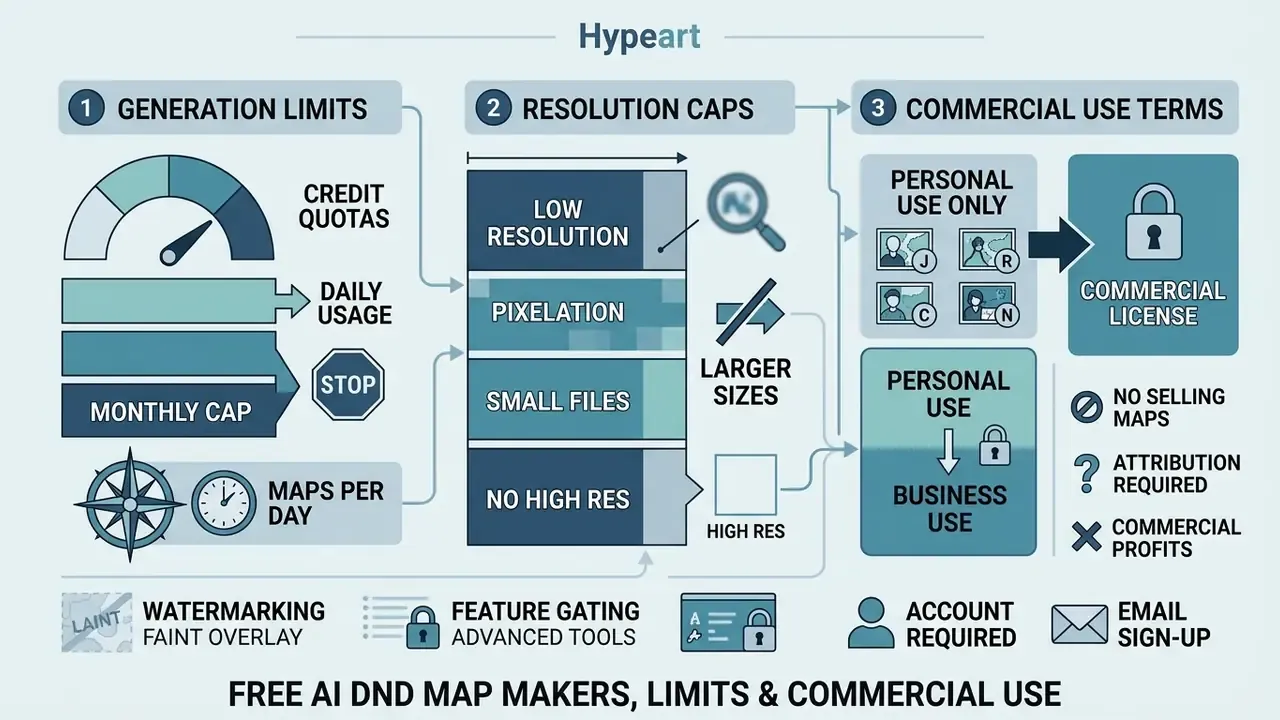 Infographic summarizing generation quotas, resolution restrictions, and commercial licensing for map tools