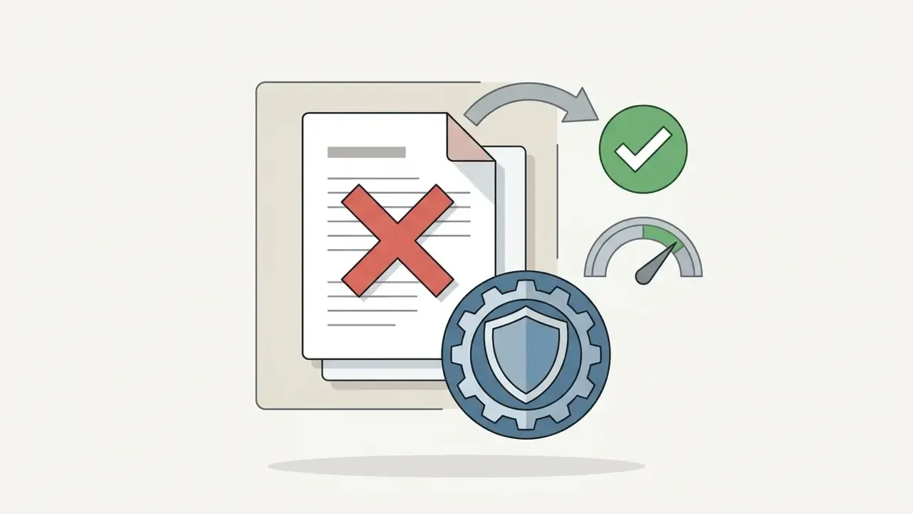 Document with a red X mark moving through a protective gear mechanism toward a checkmark and gauge