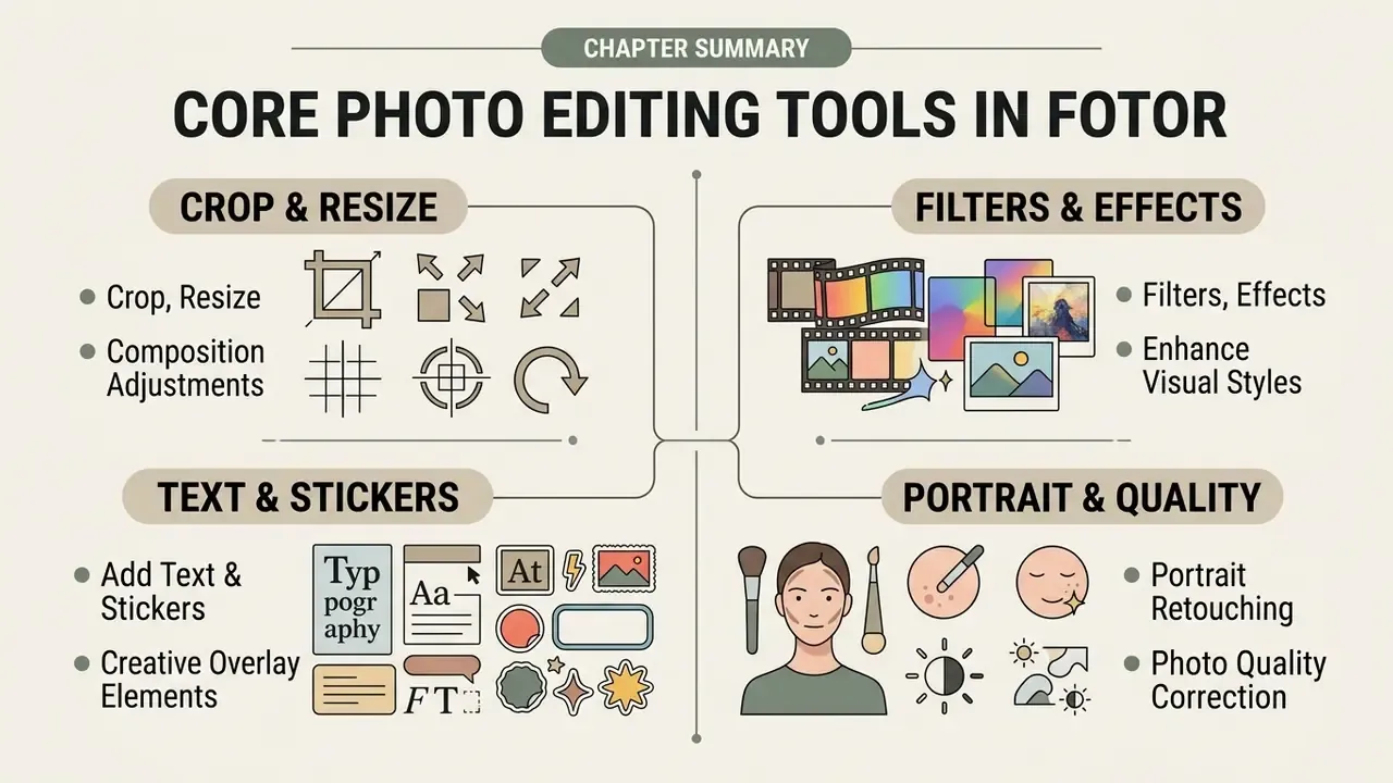 Infographic summarizing essential Fotor editing tools like cropping, filters, text, and portrait retouching