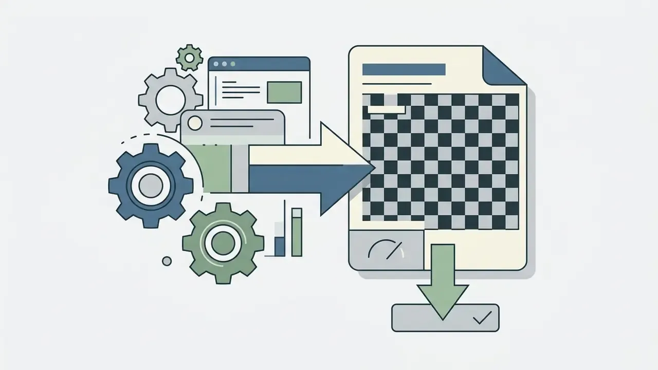 Gears and browser windows processing data into a checkered file for download
