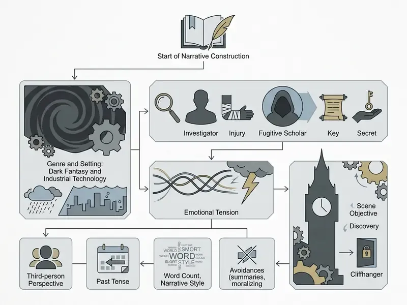 Flowchart mapping narrative elements including genre, character traits, and scene objectives for storytelling
