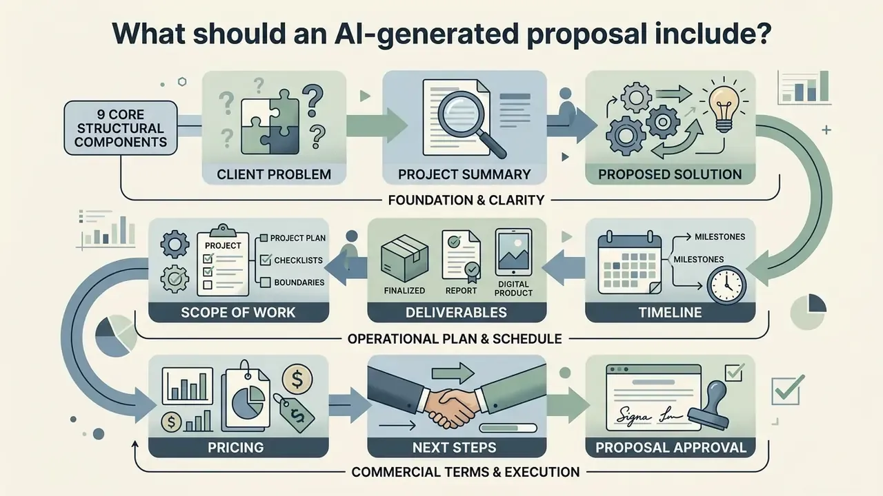 Nine-step infographic mapping the essential components of a business proposal from problem to final approval