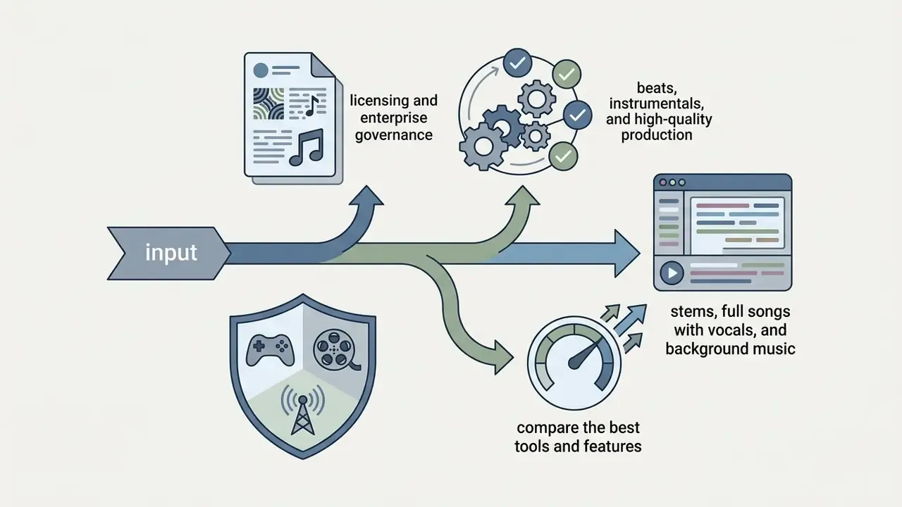 Input arrow branching into licensing documents, gear hubs, shields, and audio production software