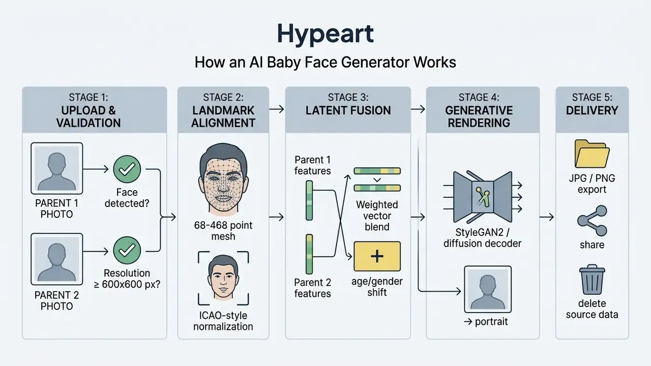 Five step diagram detailing data validation, facial mapping, vector blending, and portrait generation