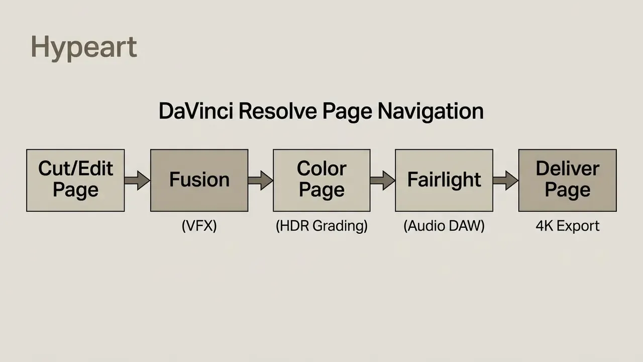 Sequential workflow diagram showing the DaVinci Resolve editing pipeline from cut to final export