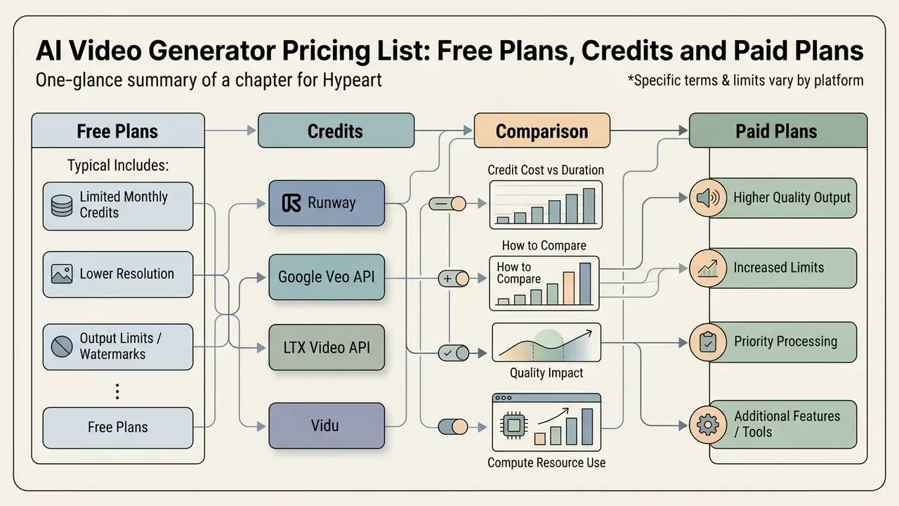 Flowchart connecting free plan features and specific AI video tools to paid plan benefits and metrics