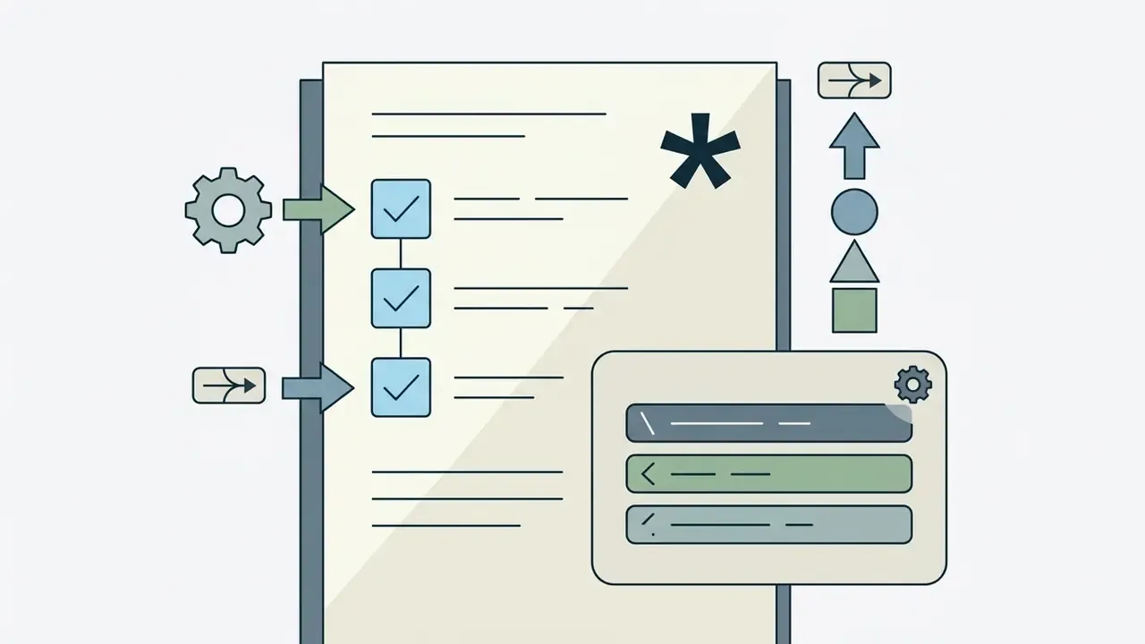 Checklist on a page with gear and symbol icons feeding into a code block window
