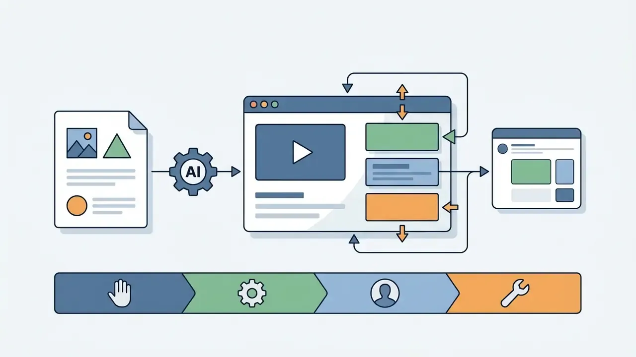 AI gear processing document inputs into a video editor interface with a color-coded RACI task bar