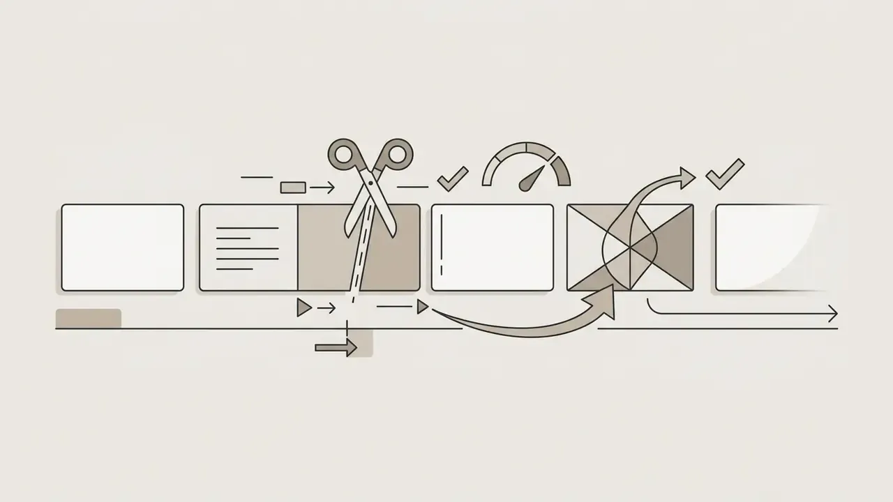 Scissors cutting a segment of a video timeline with transition arrows and checkmarks indicating progress