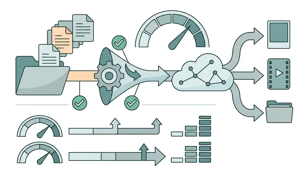 Batch file processing pipeline showing folder uploads through a gear-driven funnel into cloud infrastructure