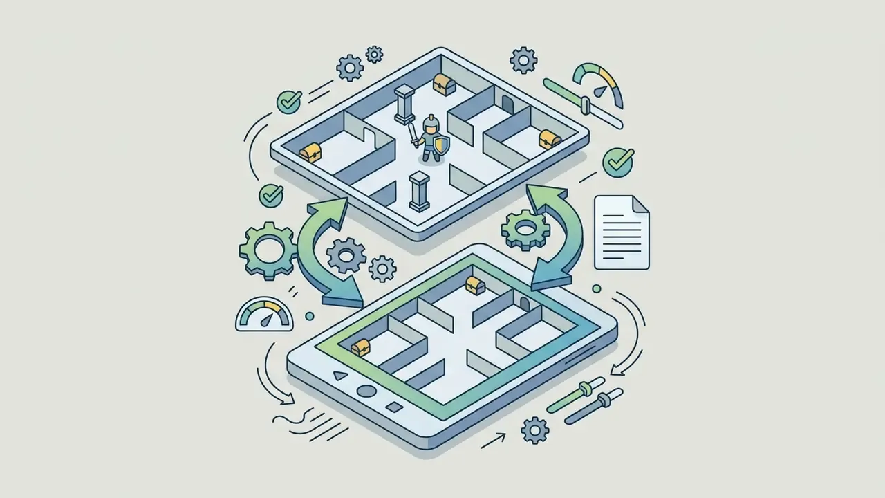 Two game levels connected by arrows with gears and settings icons representing iterative design