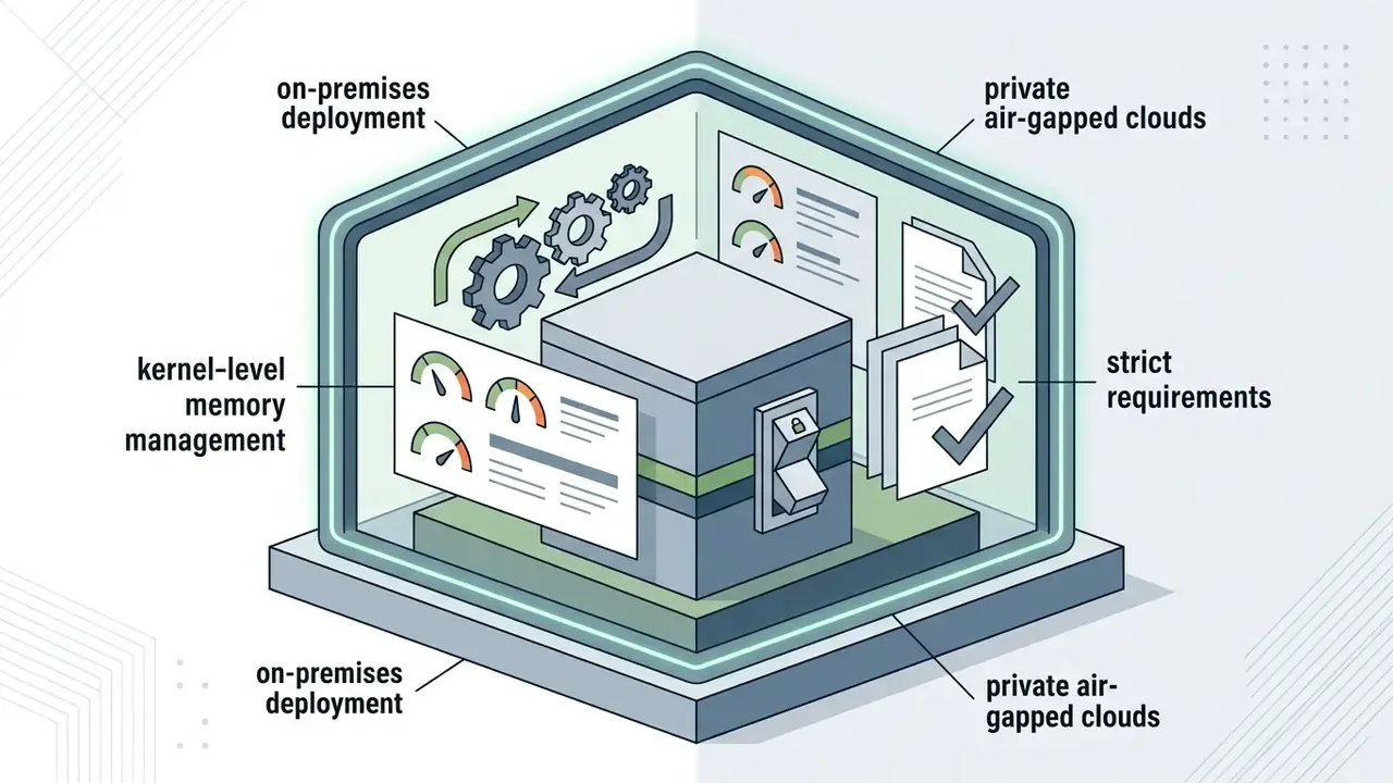 Isometric cube containing gears, gauges, and checked documents representing isolated infrastructure
