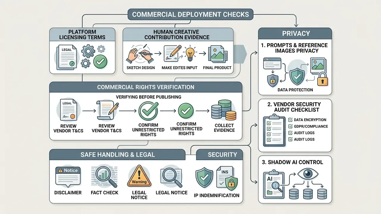 Flowchart outlining steps for verifying commercial rights and ensuring privacy for AI generated content