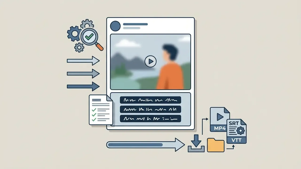 Social media post with video and captions being processed by automated tools into exportable file formats