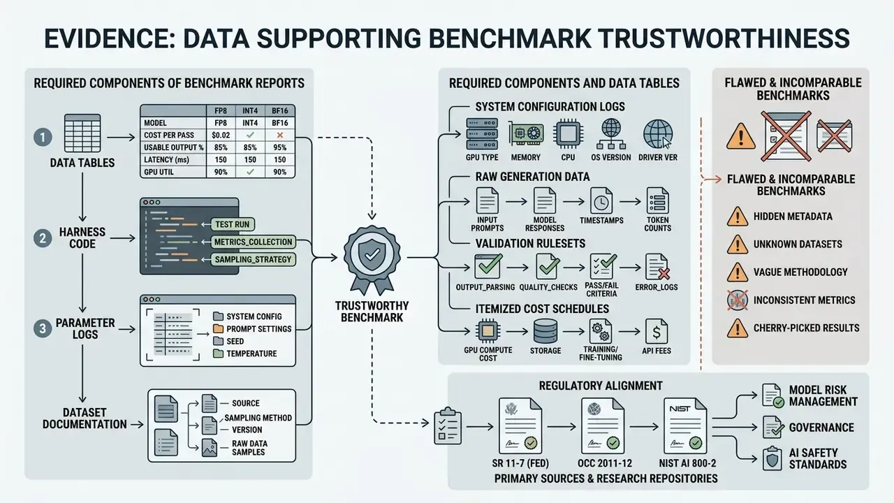 Infographic detailing required benchmark components, data tables, and regulatory alignment for AI models