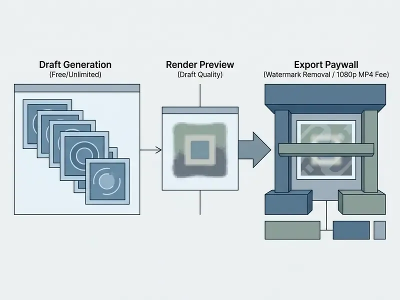 Flowchart showing a sequence from unlimited draft generation to a restricted export paywall