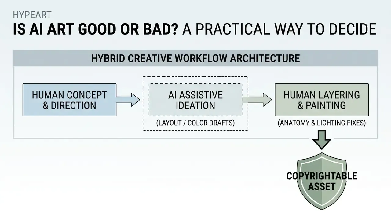 Diagram showing a hybrid creative workflow that combines human direction with AI to create copyrightable art