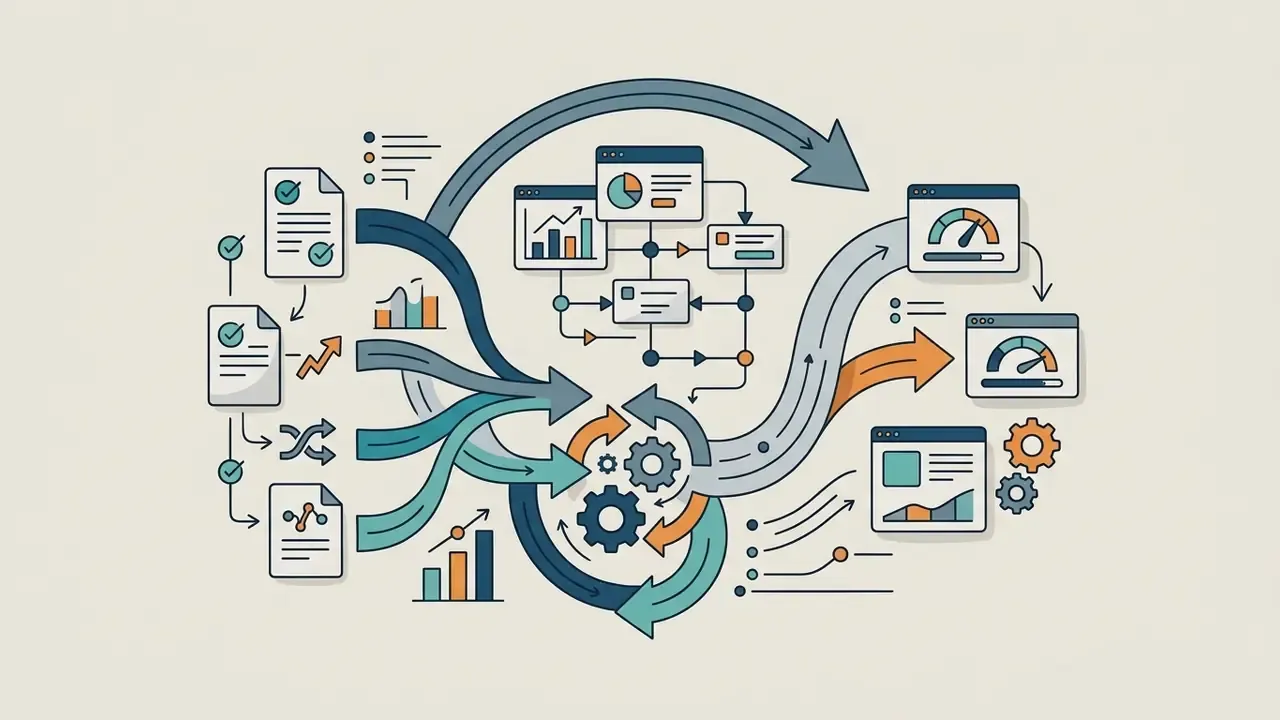 Documents and data charts flowing through gears into dashboard interfaces for an AI logo generator
