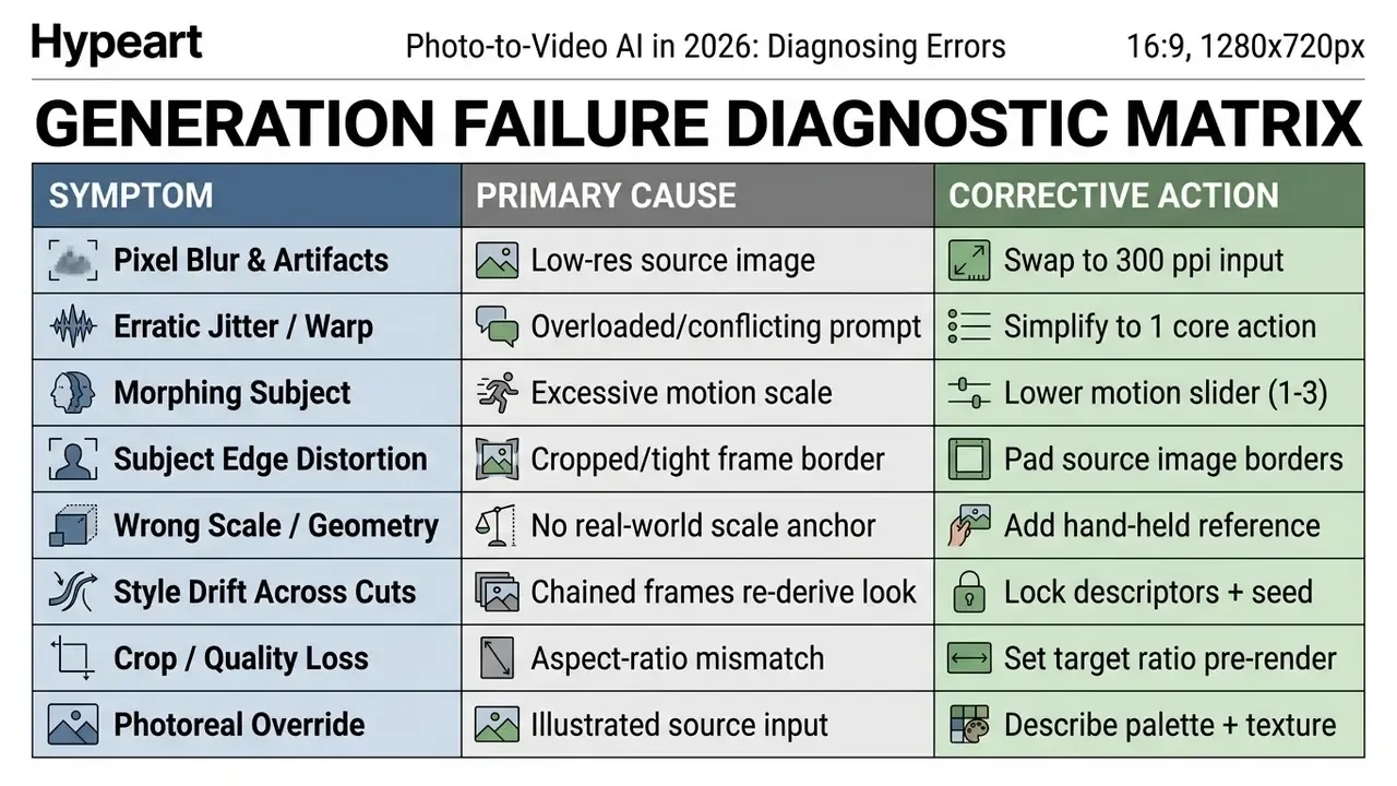 Table listing common AI generation errors with their primary causes and recommended corrective actions