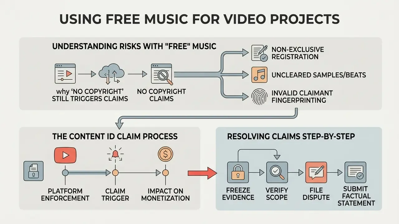 Infographic outlining copyright risks and the step-by-step process for resolving Content ID claims