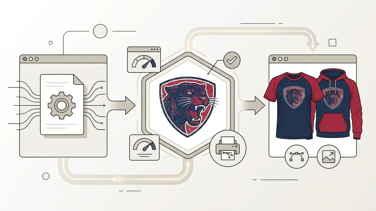 Panther emblem graphic processed by software tools and applied to apparel for print production
