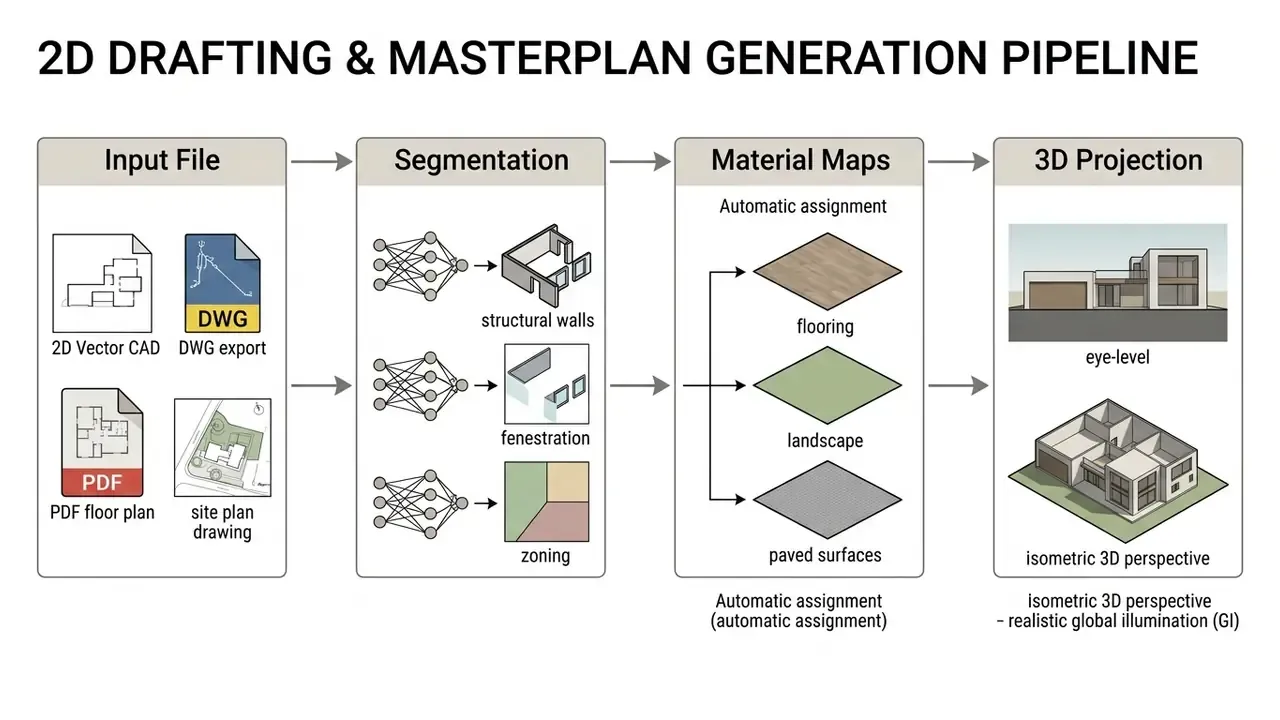 Four stage process showing CAD inputs, neural segmentation, material mapping, and 3D projection output