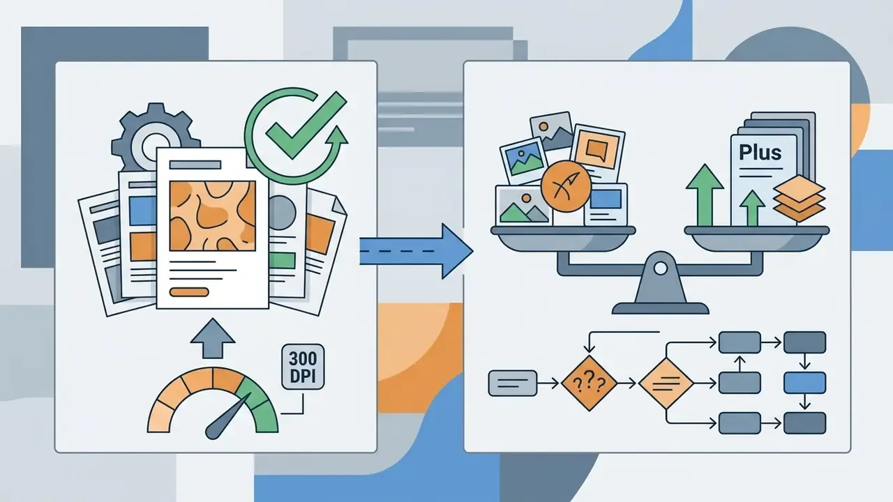 Documents and speed gauge leading to a scale comparing image assets against Plus subscription features