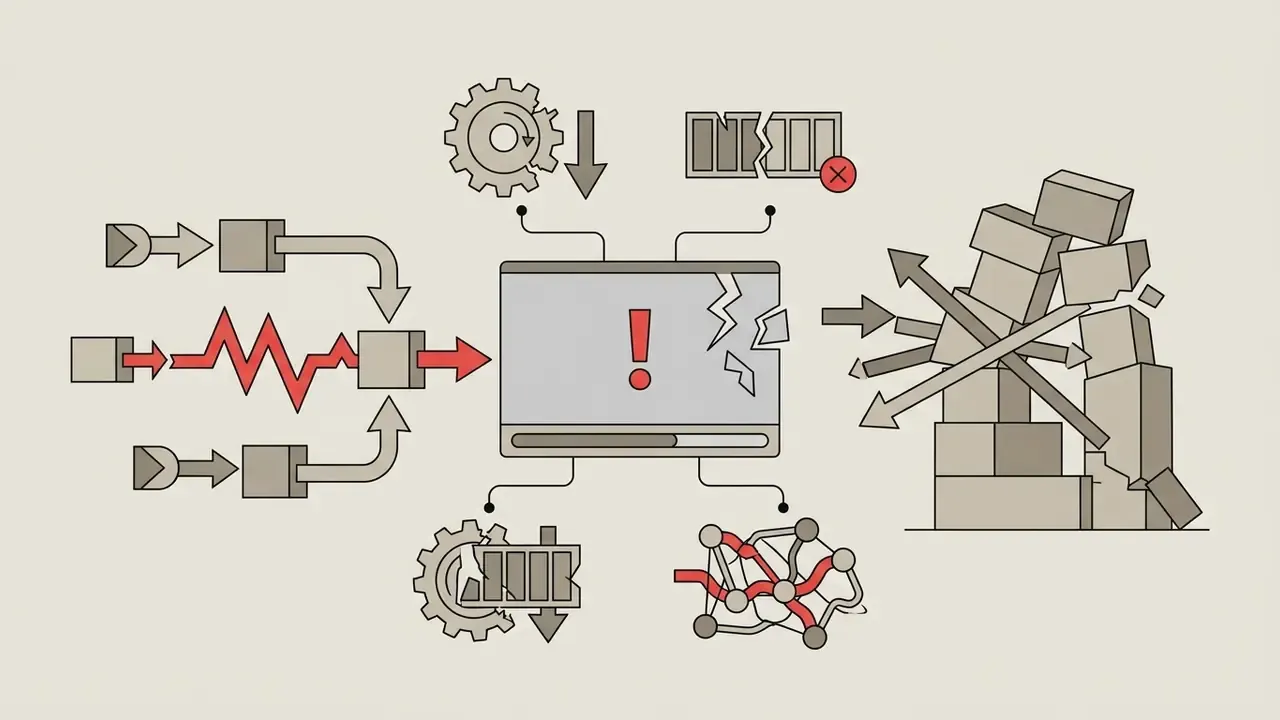 Broken screen display with warning symbol surrounded by gear, battery, and complex network icons