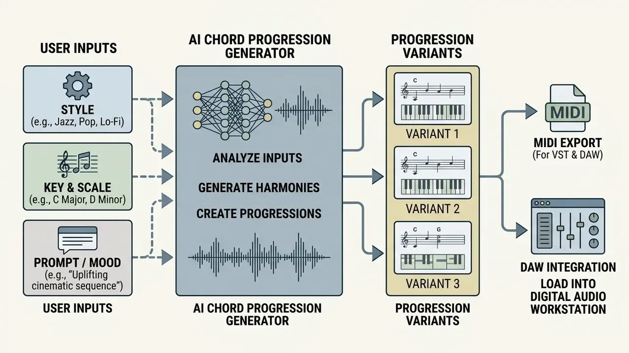 Diagram showing user inputs transforming into musical chord variants for MIDI export and DAW integration