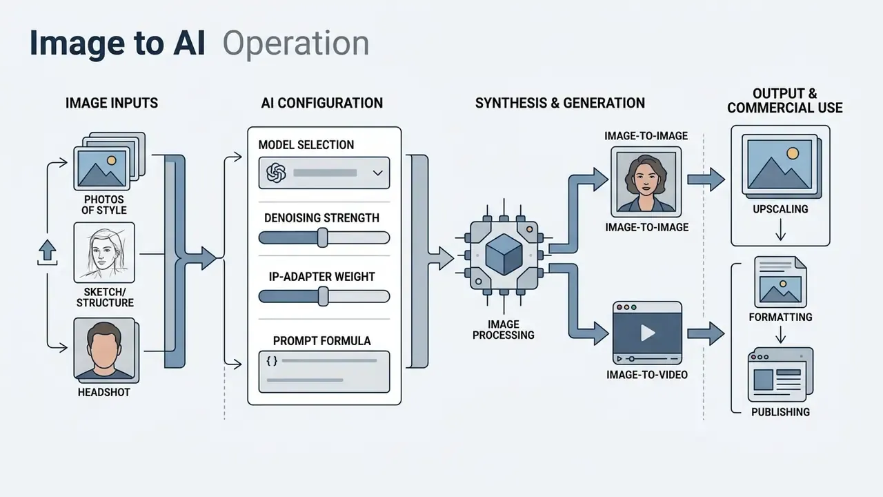 Flowchart showing the image to AI operational process from input configuration to final asset generation