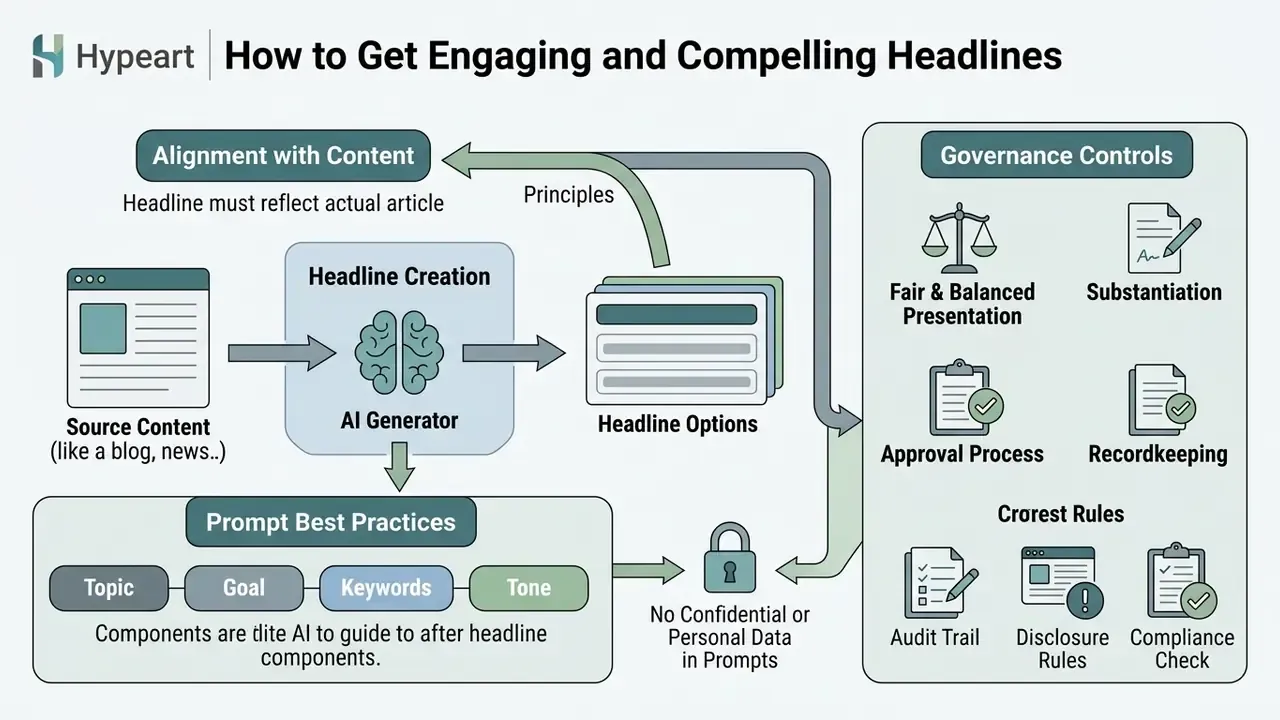 Workflow diagram showing content input, prompt components, and governance controls for generating headlines