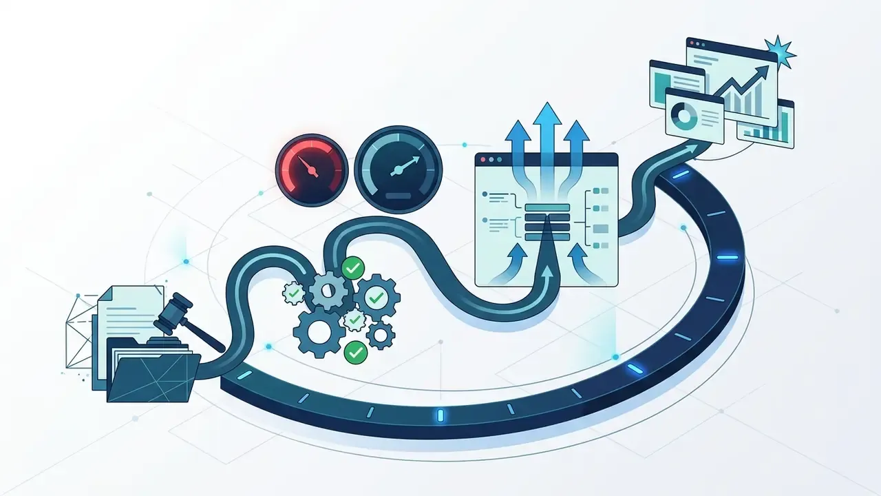 Legal documents and a gavel feeding into gears and a processor to generate analytical trend reports