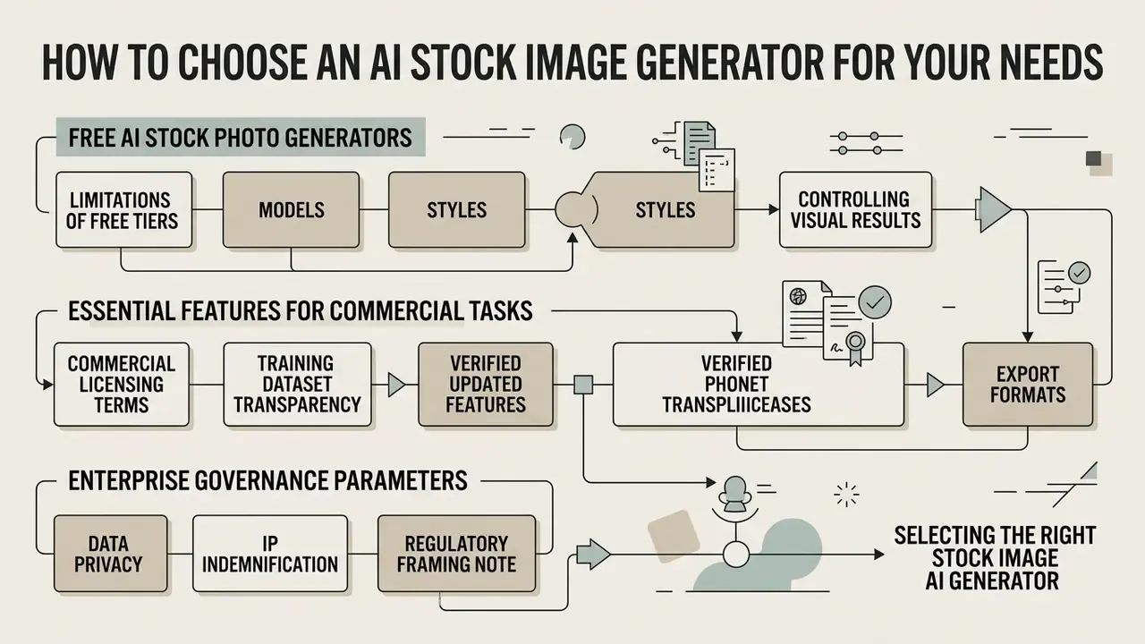 Infographic outlining decision criteria for AI stock image generator selection through tiered workflows