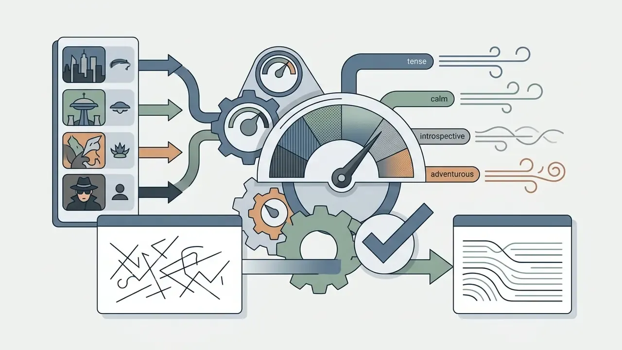 Icons of genre and tone feeding into a gear-driven gauge that processes raw inputs into structured text