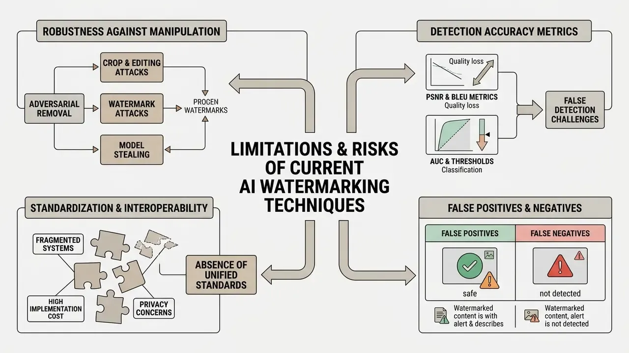 Diagram outlining challenges like adversarial attacks, detection metrics, and standardization issues