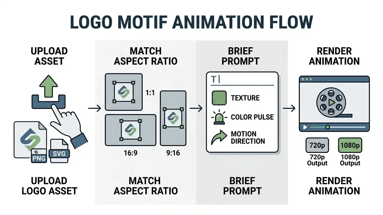 Linear process diagram showing logo upload, aspect ratio selection, prompt input, and final video rendering