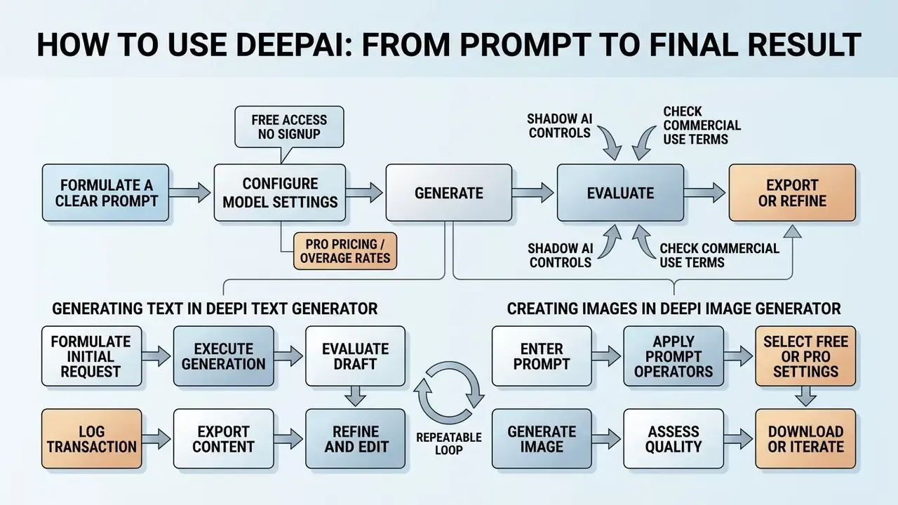 Step by step flowchart outlining the DeepAI text generator and image creation workflows