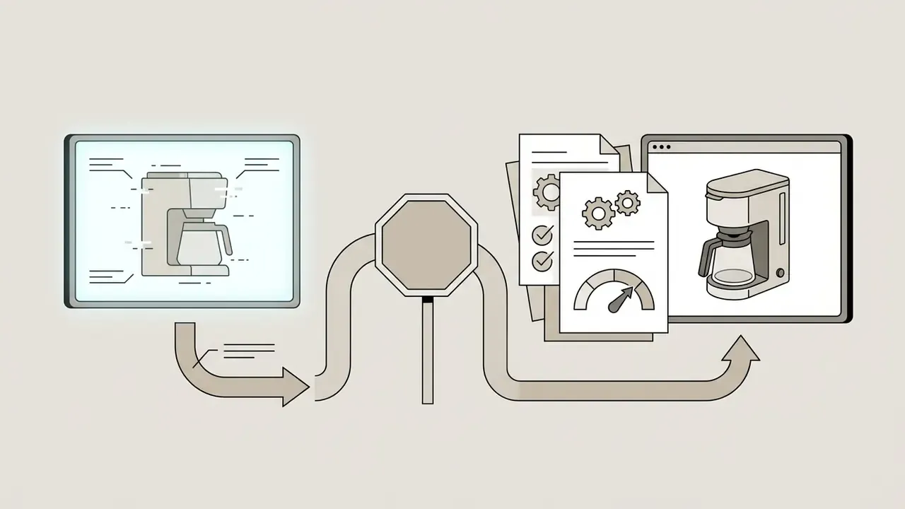 Coffee maker design specs flowing through a stop sign to documents and a final product screen