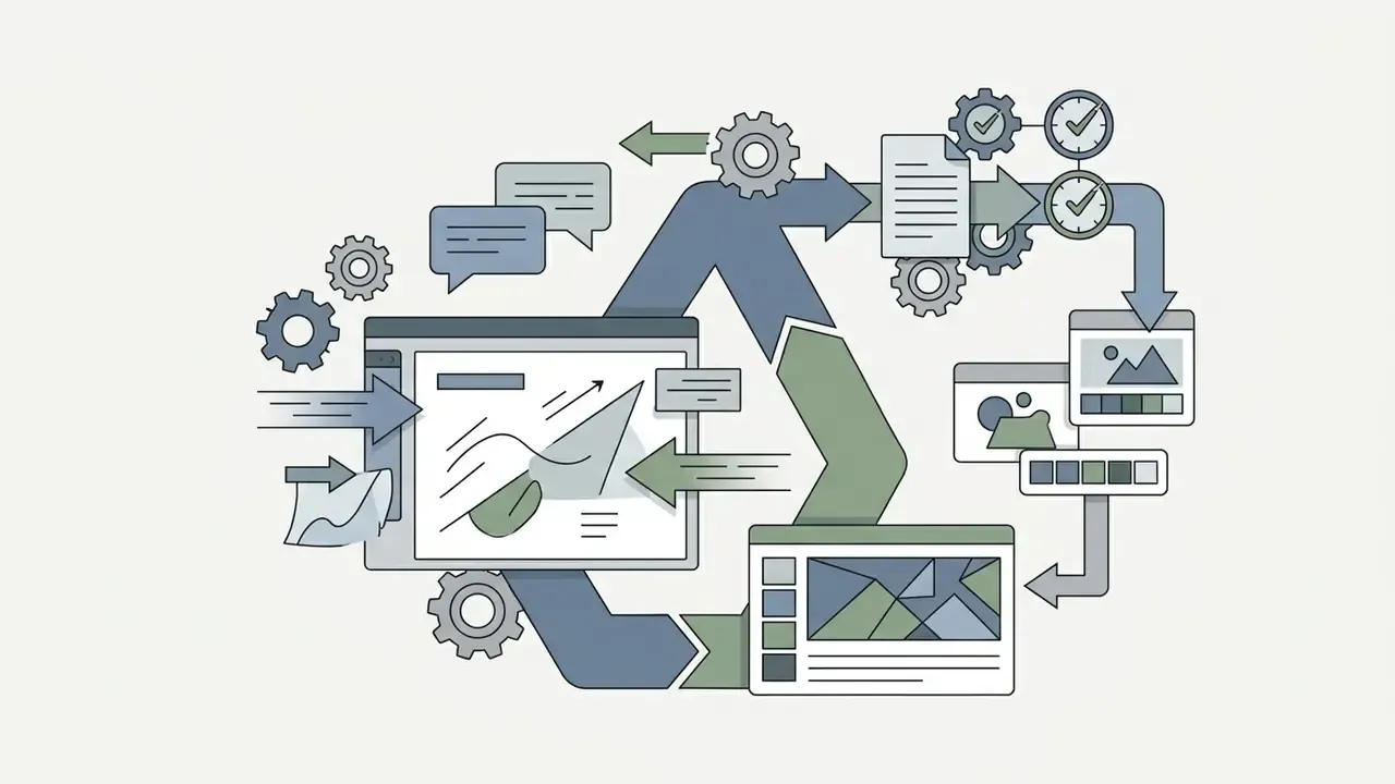 Collaborative workflow diagram showing document review, feedback loops, and shared design assets