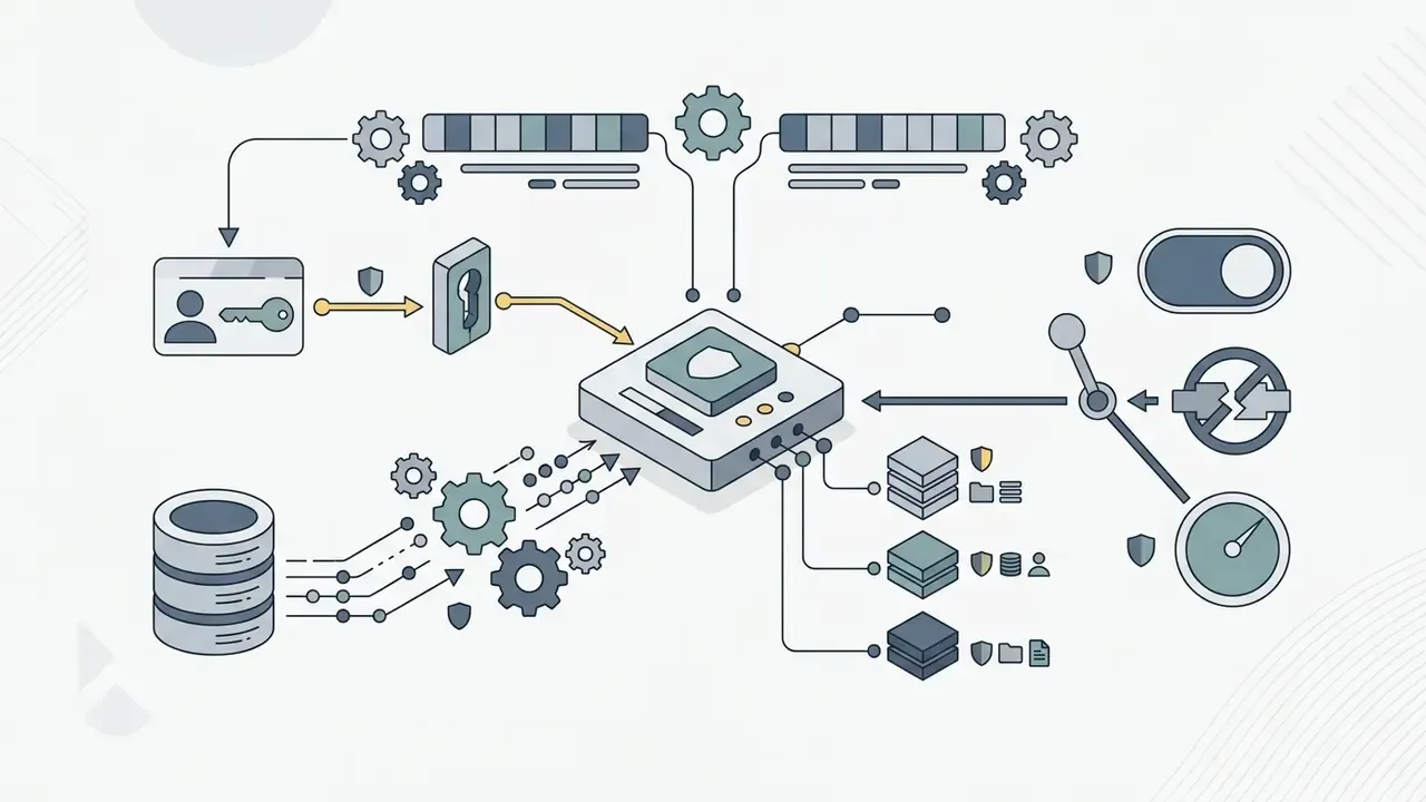 System architecture diagram showing identity authentication and data storage connected to security controls