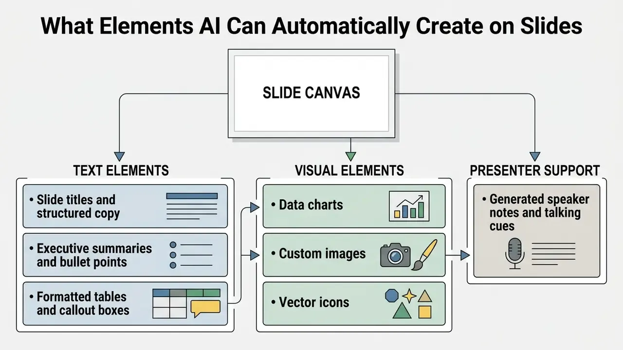 Categorized list of text, visual, and presenter elements generated by an AI slide deck generator