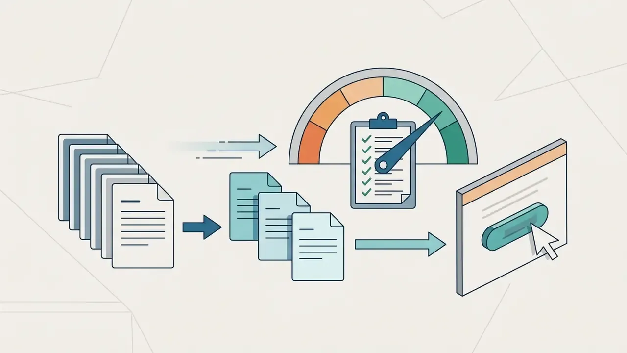 Stack of documents moving through a gauge and checklist into a web interface with a call to action button