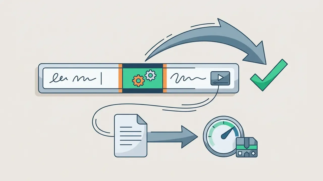 Browser address bar with gears processing a URL into a file download with a speed gauge and checkmark