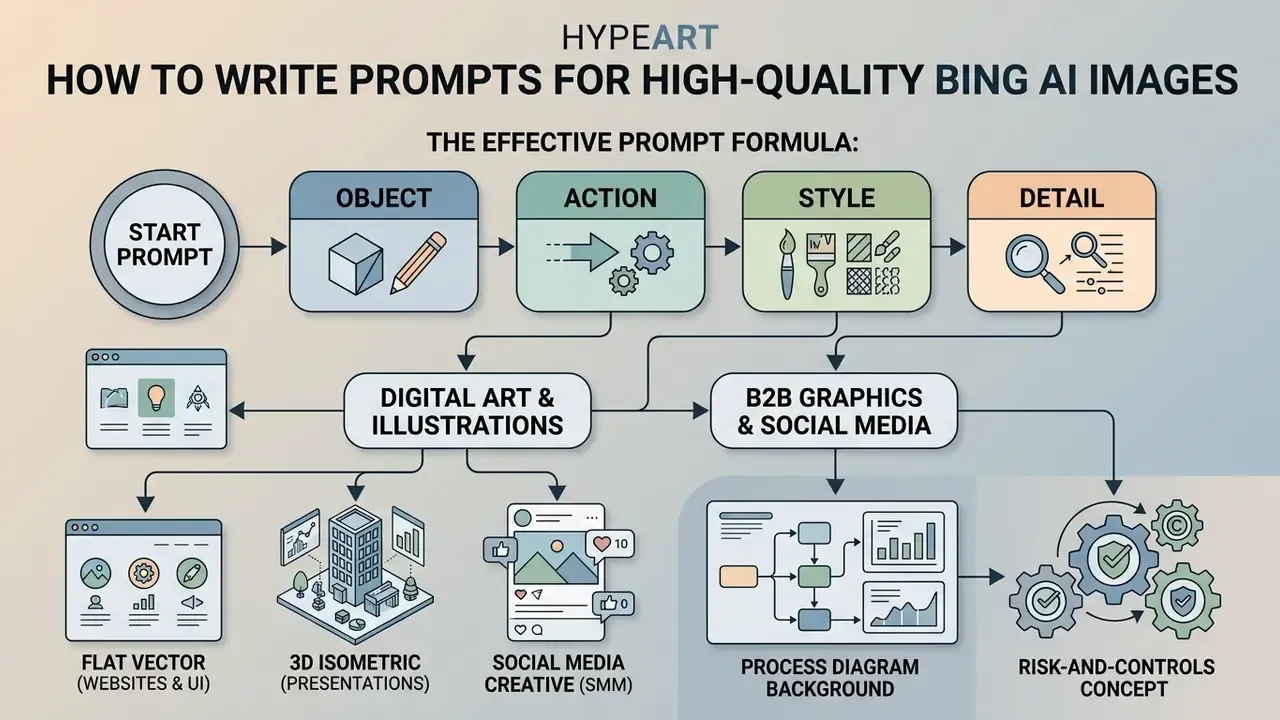 Structured diagram showing the formula for building effective text prompts for digital design projects