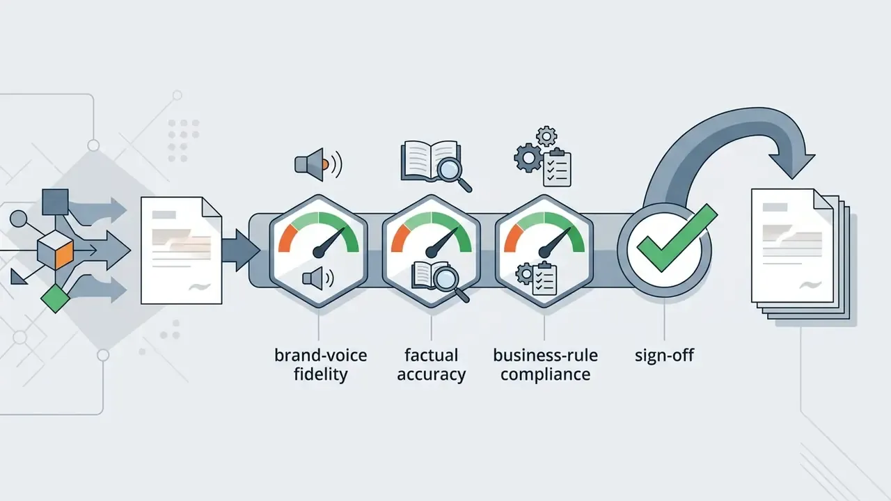Document draft passing through three gauges for brand voice, accuracy, and compliance before final sign-off